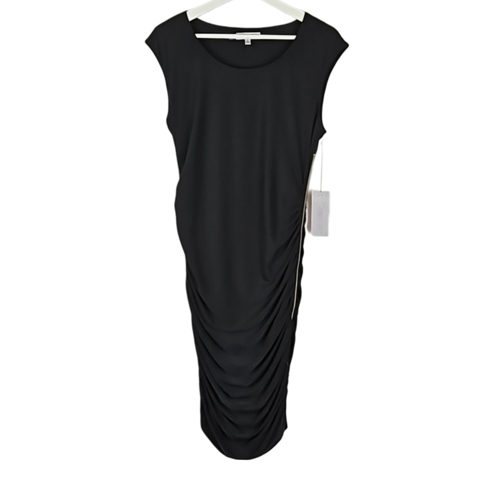 Dress Ruched Bodycon Black Midi Dress with Gold Side Zipper Detail, M